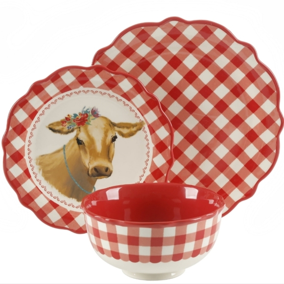 ❤️ New Pioneer Woman Red Gingham 12-Piece Dinnerware Set - Picture 6 of 8